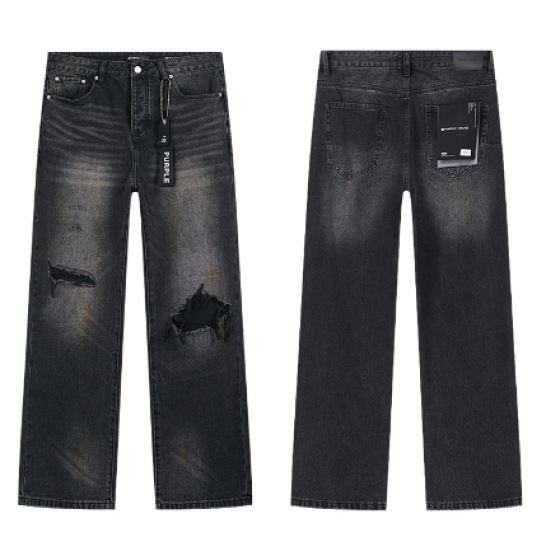 Black Washed Wide-Leg Denim Jeans with Knee Slits and Brown Gradient Fading